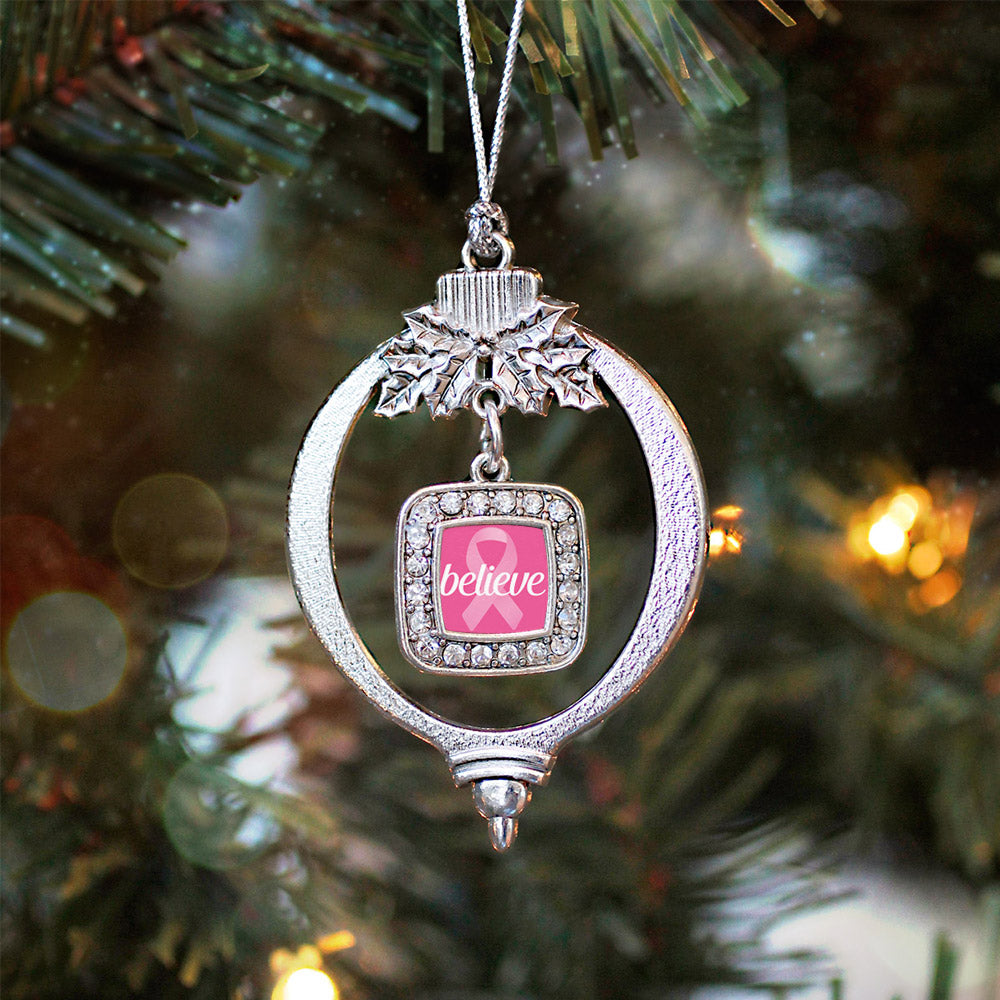 Believe Breast Cancer Awareness Square Charm Christmas / Holiday Ornament