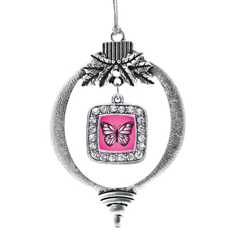 Pink Butterfly Square Charm Christmas / Holiday Ornament