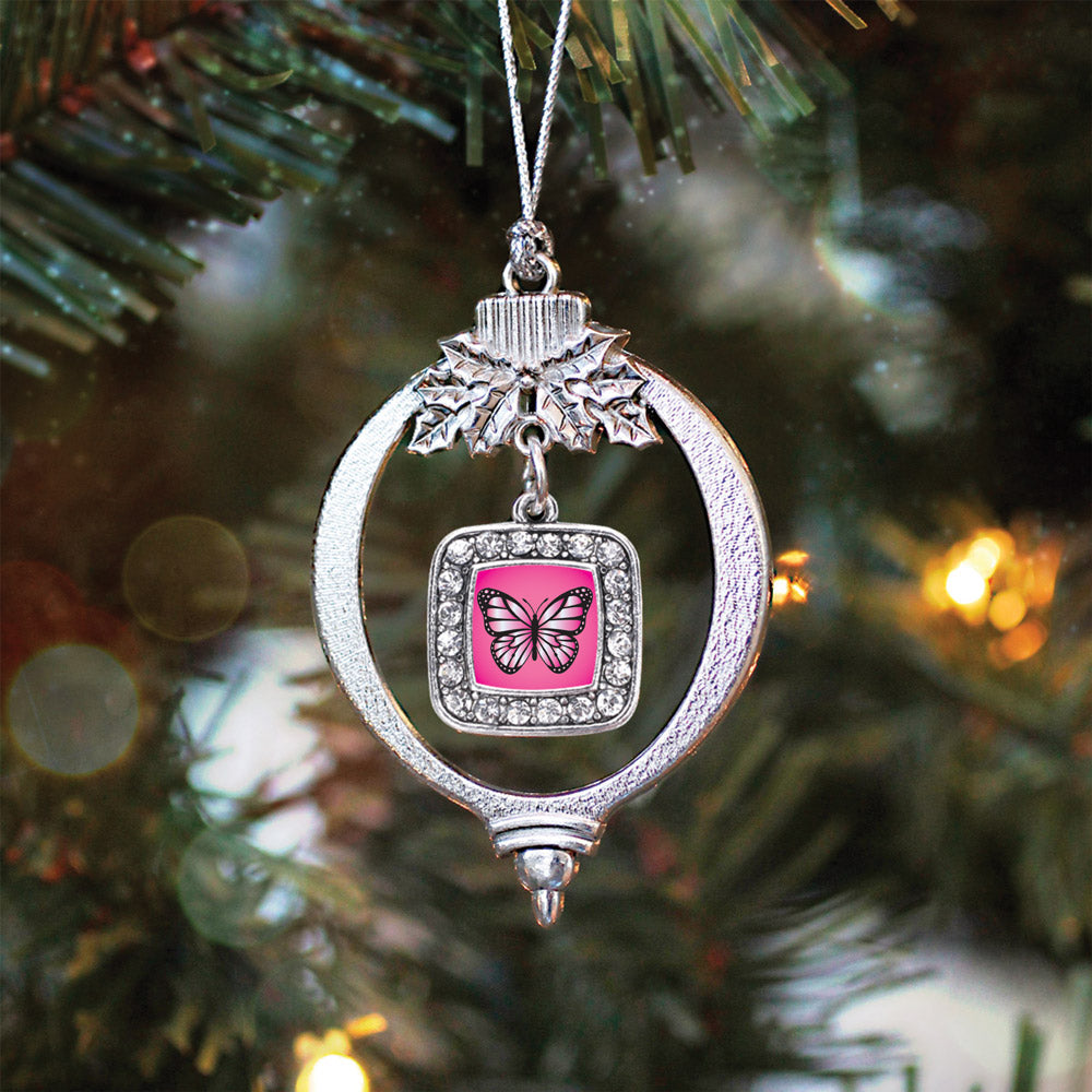 Pink Butterfly Square Charm Christmas / Holiday Ornament