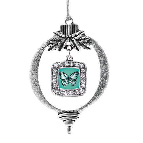 Teal Butterfly Square Charm Christmas / Holiday Ornament