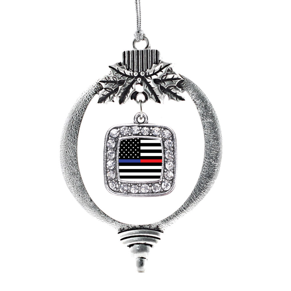 Thin Blue Line and Thin Red Line American Flag Square Charm Christmas / Holiday Ornament