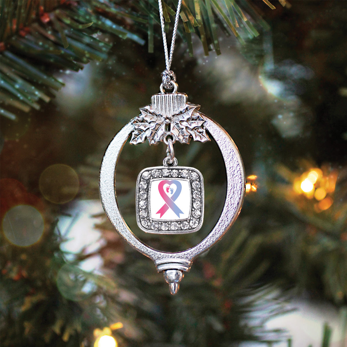 Pro-Life Ribbon Square Charm Christmas / Holiday Ornament