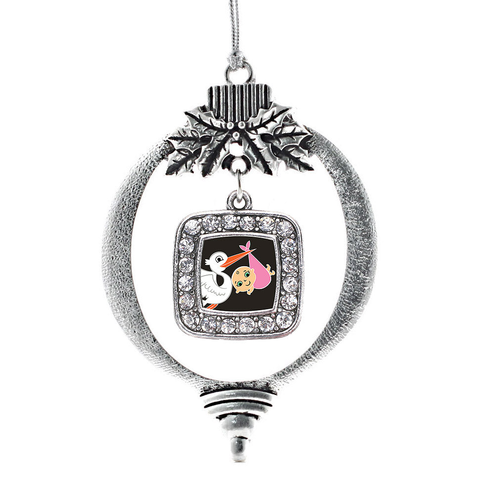 Stork Brings A Girl Square Charm Christmas / Holiday Ornament