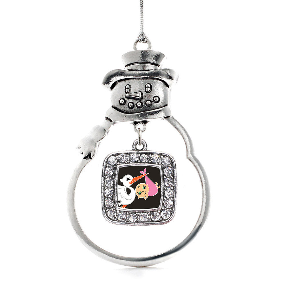 Stork Brings A Girl Square Charm Christmas / Holiday Ornament