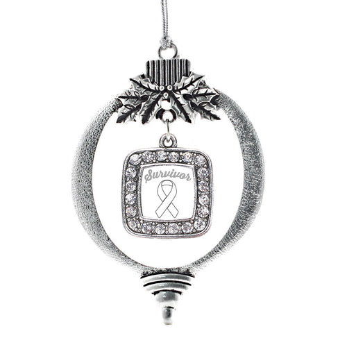 White Ribbon Survivor Square Charm Christmas / Holiday Ornament