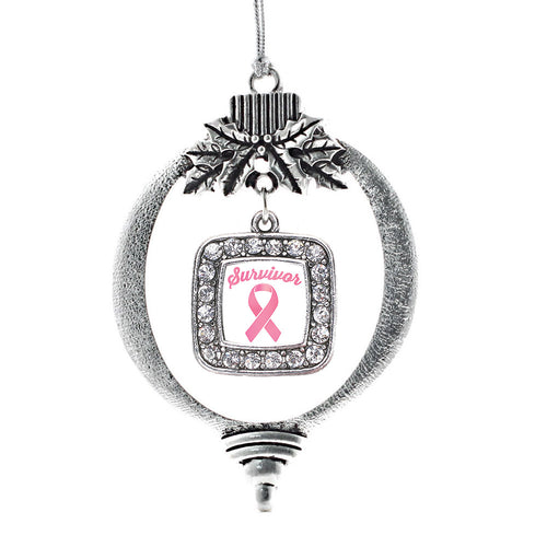 Pink Ribbon Survivor Square Charm Christmas / Holiday Ornament