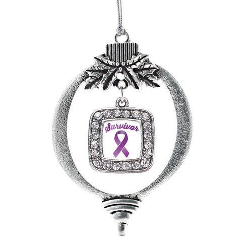 Purple Ribbon Survivor Square Charm Christmas / Holiday Ornament