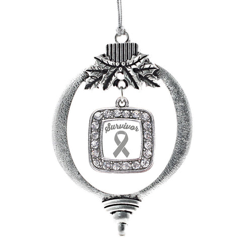 Gray Ribbon Survivor Square Charm Christmas / Holiday Ornament