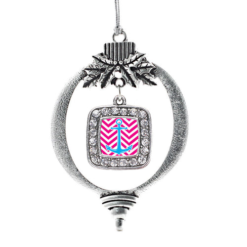 Pink Chevron Blue Anchor Square Charm Christmas / Holiday Ornament