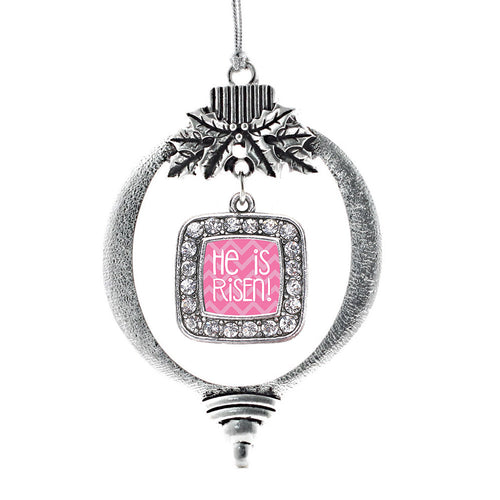 He is Risen Pink Chevron Patterned Square Charm Christmas / Holiday Ornament