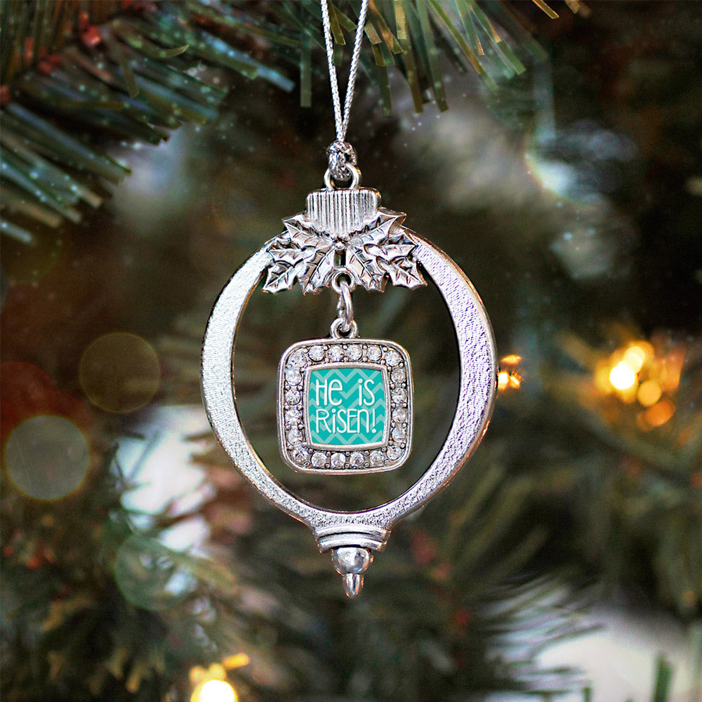 He is Risen Teal Chevron Patterned Square Charm Christmas / Holiday Ornament